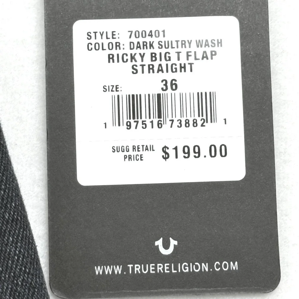 True Religion Men's Ricky Big T Flap Straight Denim Jeans Sz 36x34 Dark Blue NWT